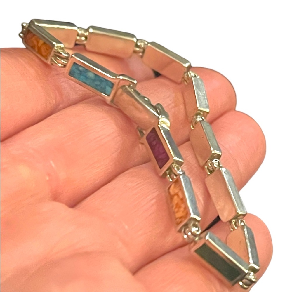 Vintage sterling silver 925  multi color crushed stone link bracelet Hallmarked - Picture 10 of 12